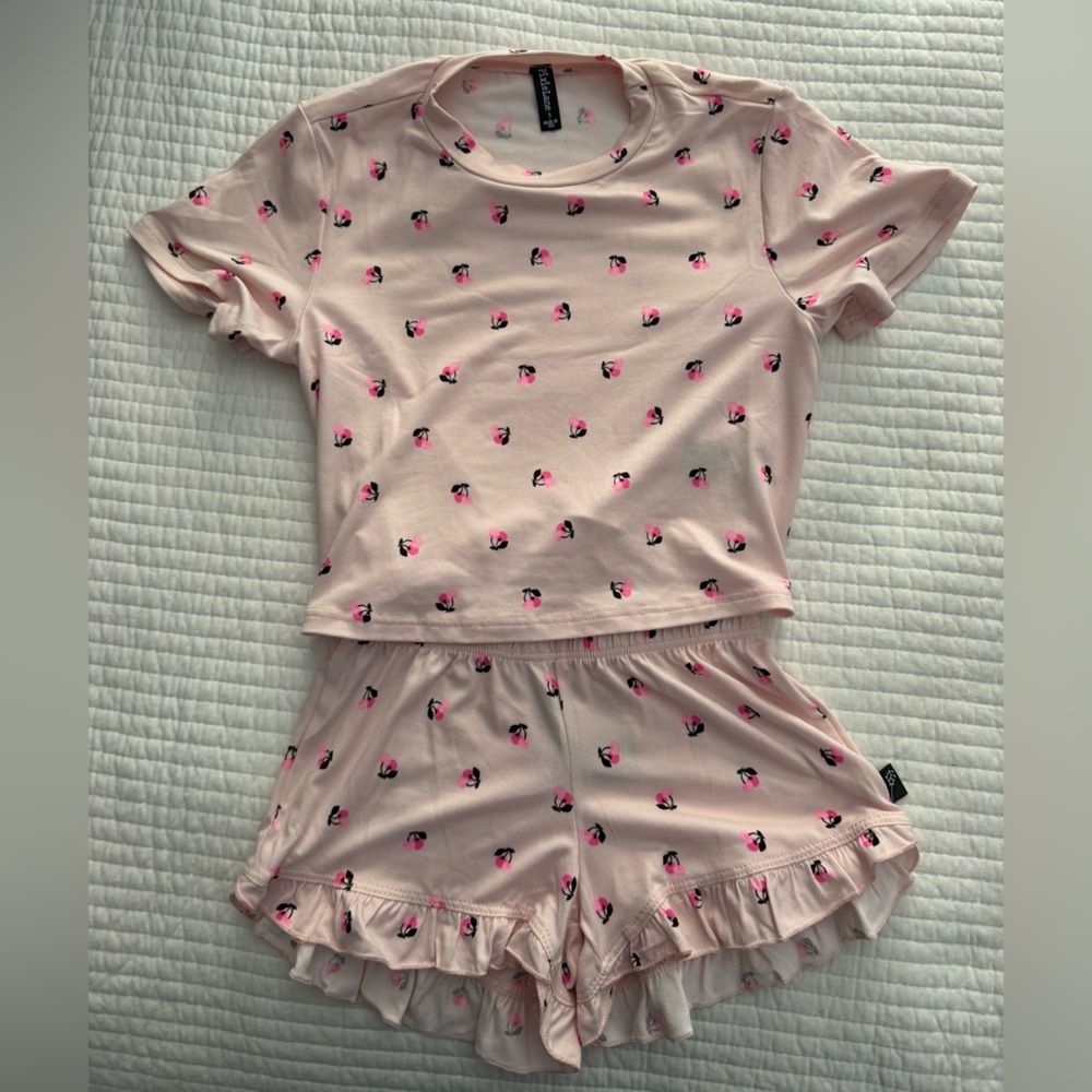 2 piece Pixielane Pink Cherry Print Top and ruffle bottoms